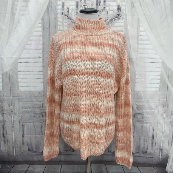 Calvin Klein Mock Neck Pink Striped Sweater Mohair Wool Acrylic Blend Oversized - Picture 2 of 9